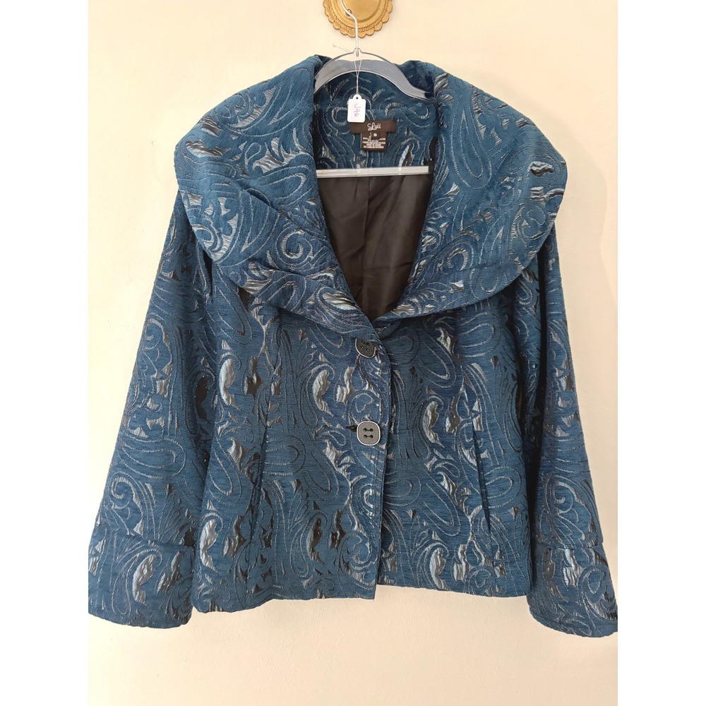Anthropologie Luii Womens Teal Blue Silver Paisley Brocade Shawl Collar Jacket S